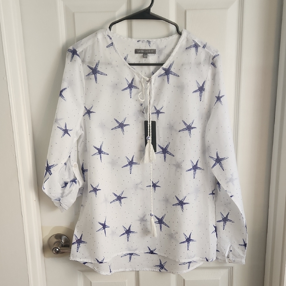 Laura Ashley White Blouse with Blue Star Fish